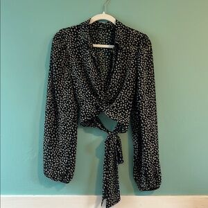 Cream & Black animal print-ish cropped sheer blouse